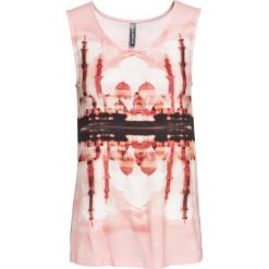Top bonprix różowy z nadrukiem. Różowe topy damskie bonprix, z nadrukiem, bez kołnierzyka. Za 37,99 zł.