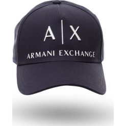 Granatowa czapka z daszkiem. Czapki męskie Armani Exchange, w paski, z bawełny. Za 189,00 zł.