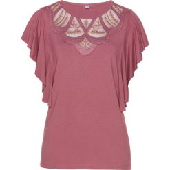 Shirt z koronką bonprix różowobrązowy. Różowe koszulki damskie bonprix, w koronkowe wzory, z koronki, bez kołnierzyka, bez rękawów. Za 79,99 zł.