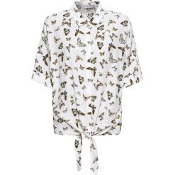 Bluzka oversize z przewiązaniem bonprix biel wełny wzorzysty. Białe bluzki damskie bonprix, z nadrukiem, z wełny, bez kołnierzyka, bez rękawów. Za 32,99 zł.