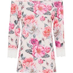 Shirt z dekoltem carmen i koronką bonprix bladoróżowy w kwiaty. Różowe koszulki damskie bonprix, w koronkowe wzory, z elastanu, bez kołnierzyka. Za 59,99 zł.