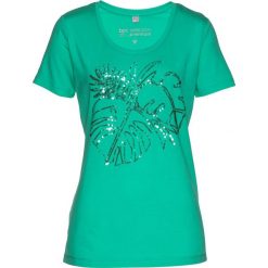 T-shirt z cekinami bonprix zielony oceaniczny. Zielone koszulki damskie bonprix, bez wzorów, bez kołnierzyka, bez rękawów. Za 59,99 zł.