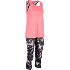 Legginsy funkcyjne + top + biustonosz bustier (3 części) bonprix czarno - neonowy łososiowy w roślinny wzór. Czarne biustonosze bonprix, z nadrukiem, bez kołnierzyka. Za 109,99 zł.