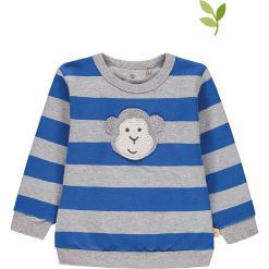Bluza w kolorze szaro-niebieskim. Szare bluzy niemowlęce Mother Nature & Me, w paski, z bawełny, bez rękawów, bez kaptura. W wyprzedaży za 72,95 zł.