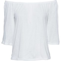 Shirt z dekoltem "carmen" bonprix biały. Białe koszulki damskie bonprix, bez wzorów, z materiału, bez kołnierzyka, bez rękawów. Za 44,99 zł.