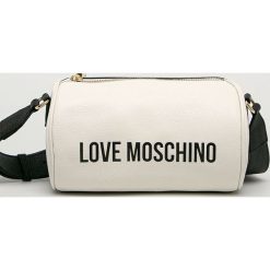 Love Moschino - Torebka skórzana. Białe listonoszki damskie Love Moschino, w paski, ze skóry, małe, z nadrukiem, bez dodatków. Za 1099,00 zł.