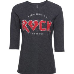 T-shirt bonprix antracytowy melanż. Szare koszulki damskie marki bonprix, z nadrukiem, bez kołnierzyka. Za 54,99 zł.