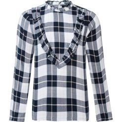 Bluza w kratę z falbanami bonprix ciemnoniebieski w kratę. Niebieskie bluzy damskie bonprix, bez wzorów, bez rękawów, bez kaptura. Za 37,99 zł.
