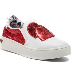 Tenisówki LOVE MOSCHINO - JA15153G17IO150A Paill.Ro/Vit.Bia. Czerwone półbuty damskie Love Moschino, z aplikacjami, ze skóry, bez obcasa, na płaskiej podeszwie, bez zapięcia. W wyprzedaży za 419,00 zł.