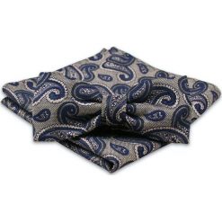 Beżowo-Granatowa Mucha Męska -ALTIES- z Taką Samą Poszetką, Wzór Paisley, Łezki MUALTS0459. Brązowe muszki męskie Alties, na imprezę, w paski, eleganckie. Za 40,00 zł.