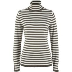Sweter z golfem i ozdobnym elementem na rękawach bonprix ciemnooliwkowo-biel wełny w paski. Zielone swetry damskie bonprix, w paski, z wełny, bez rękawów. Za 49,99 zł.