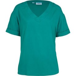 Bluzka z wiskozy bonprix zielony sosnowy. Niebieskie koszulki damskie bonprix, bez wzorów, z wiskozy, bez kołnierzyka, bez rękawów. Za 21,99 zł.