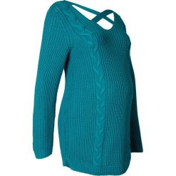 Długi sweter ciążowy bonprix morski turkusowy. Niebieskie swetry damskie bonprix, w paski, z dzianiny, z długim rękawem, długie, bez kaptura. Za 34,99 zł.