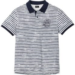 Shirt polo w paski, z nadrukiem bonprix ciemnoniebiesko-biel wełny w paski. Niebieskie koszulki męskie bonprix, s, w paski, z bawełny, bez rękawów. Za 54,99 zł.
