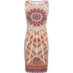 Sukienka z nadrukiem bonprix beżowy wzorzysty. Brązowe sukienki damskie bonprix, z nadrukiem, z okrągłym kołnierzem, z krótkim rękawem, krótkie, mini, dopasowane. Za 109,99 zł.