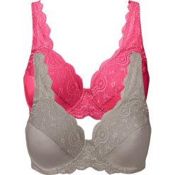 Biustonosz na fiszbinach (2 szt.) bonprix kamienisty + różowy hibiskus. Szare biustonosze bonprix, w koronkowe wzory, z koronki. Za 49,98 zł.