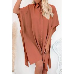 Tunika MONLINA BROWN. Pomarańczowe tuniki damskie IVET, na lato, bez wzorów, z koszulowym kołnierzykiem, bez rękawów. W wyprzedaży za 89,00 zł.
