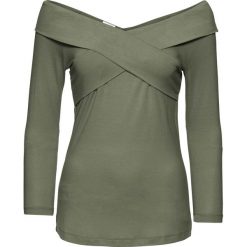 Shirt z dżerseju z założeniem kopertowym, rękawy 3/4 bonprix oliwkowy. Zielone koszulki damskie marki bonprix, bez wzorów, z dżerseju, bez kołnierzyka. Za 29,99 zł.