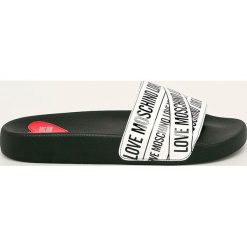 Love Moschino - Klapki. Białe klapki damskie Love Moschino, bez wzorów, z materiału, bez obcasa, na obcasie. W wyprzedaży za 349,90 zł.