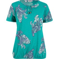 Shirt z nadrukiem bonprix dymny szmaragdowy z nadrukiem. Niebieskie koszulki damskie marki bonprix, z nadrukiem, bez kołnierzyka, bez rękawów. Za 44,99 zł.