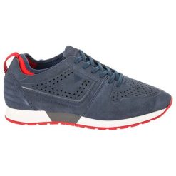 Skórzane sneakersy w kolorze granatowym. Niebieskie trampki męskie Guess, na sznurówki. W wyprzedaży za 269,95 zł.