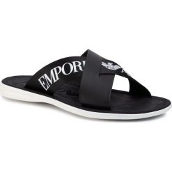 Klapki EMPORIO ARMANI - X4P081 XL421 L012 Blk/Blk/Black/White. Czarne klapki męskie Emporio Armani, bez wzorów, ze skóry. Za 819,00 zł.