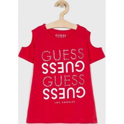 Guess Jeans - Top dziecięcy 118-175 cm. Czerwone bluzki dziewczęce Guess Jeans, z nadrukiem, z elastanu, z okrągłym kołnierzem, z krótkim rękawem, krótkie, bez kaptura. Za 99,90 zł.