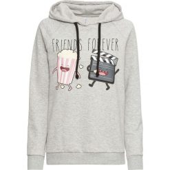 Bluza z kapturem bonprix jasnoszary melanż z nadrukiem. Szare bluzy rozpinane damskie bonprix, melanż, z kapturem. Za 89,99 zł.