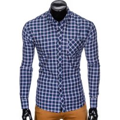 KOSZULA MĘSKA W KRATĘ Z DŁUGIM RĘKAWEM K420 - GRANATOWA/ZIELONA. Zielone koszule męskie Ombre Clothing, s, bez wzorów, z bawełny, bez kołnierzyka, z długim rękawem. Za 49,00 zł.