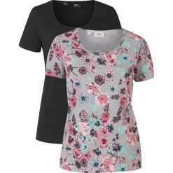 Shirt (2 szt.) bonprix jasnoszary melanż z nadrukiem + czarny. Szare koszulki damskie bonprix, z nadrukiem, bez kołnierzyka, bez rękawów. Za 59,98 zł.