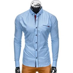 KOSZULA MĘSKA Z DŁUGIM RĘKAWEM K322 - BŁĘKITNA. Niebieskie koszule męskie na spinki Ombre Clothing, m, z bawełny, z kontrastowym kołnierzykiem, z długim rękawem. Za 39,00 zł.