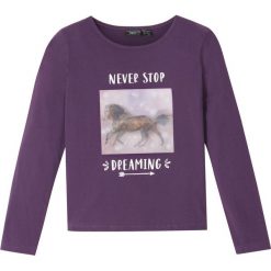 Shirt dziewczęcy z długim rękawem i nadrukiem holograficznym, bawełna organiczna bonprix ciemny lila. Fioletowe bluzki dziewczęce bonprix, z nadrukiem, z bawełny, bez kołnierzyka, z długim rękawem, długie, bez kaptura. Za 37,99 zł.
