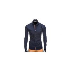 KOSZULA MĘSKA Z DŁUGIM RĘKAWEM K412 - GRANATOWA. Niebieskie koszule męskie Ombre Clothing, m, z dzianiny, z kontrastowym kołnierzykiem, z długim rękawem. Za 49,00 zł.