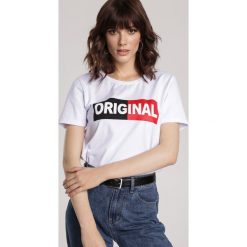 Biały T-shirt Leucedice. Białe bluzki damskie Renee, s, z nadrukiem, z jeansu, z okrągłym kołnierzem, z krótkim rękawem. Za 49,99 zł.