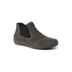 RIEKER 52590-54 Khaki. Brązowe botki damskie Rieker, ze skóry, bez obcasa, bez zapięcia. Za 239,99 zł.