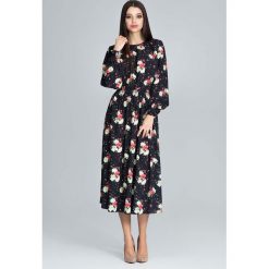 Stylowa Sukienka w Barwny Deseń z Bufiastym Rękawem - Wzór 75. Czarne sukienki damskie Molly.pl, do pracy, na lato, xl, bez wzorów, eleganckie, bez kołnierzyka, z długim rękawem, długie, maxi. Za 172,90 zł.