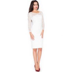 Ecru Elegancka Ołówkowa Sukienka z Koronkowym Długim Rękawem. Szare sukienki damskie Molly.pl, na co dzień, s, bez wzorów, z koronki, eleganckie, z dekoltem na plecach, z długim rękawem, długie, ołówkowe. Za 148,90 zł.