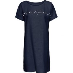 Sukienka lniana z perełkami bonprix ciemnoniebieski. Niebieskie sukienki damskie bonprix, z aplikacjami, bez kołnierzyka, z krótkim rękawem, krótkie, mini. Za 149,99 zł.