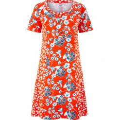 Sukienka z dżerseju bonprix głęboki pomarańczowy w kwiaty. Pomarańczowe sukienki damskie bonprix, w kwiaty, z dżerseju, bez kołnierzyka, bez rękawów. Za 89,99 zł.