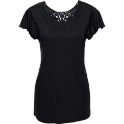 Shirt z koronką, rękawy motylki bonprix czarny. Czarne koszulki damskie bonprix, w koronkowe wzory, z koronki, bez kołnierzyka, bez rękawów. Za 54,99 zł.