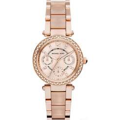 Zegarek kwarcowy "Mini Parker" w kolorze różowozłotym. Żółte, analogowe zegarki damskie marki Michael Kors, ze stali. W wyprzedaży za 740,95 zł.