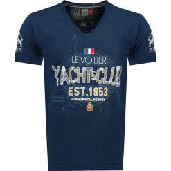Koszulka "Jstorm" w kolorze granatowym. Niebieskie koszulki męskie Geographical Norway Men, m, z nadrukiem, z bawełny, bez kołnierzyka, bez rękawów. W wyprzedaży za 64,95 zł.