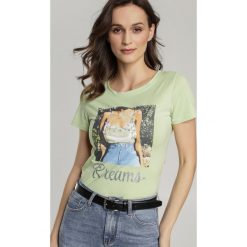 Miętowy T-shirt Dorissis. Zielone bluzki damskie Renee, s, z nadrukiem, klasyczne, z okrągłym kołnierzem, z krótkim rękawem. Za 49,99 zł.