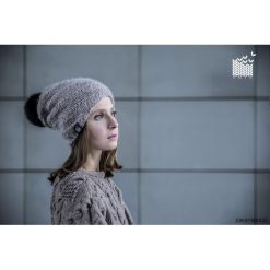 Czapki zimowe damskie: 5×5 Beige Czapka 100% WEŁNA Futrzany Pomon!