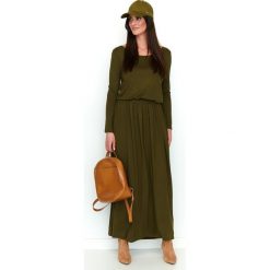 Sukienka maxi z kieszeniami oliwkowa. Zielone sukienki damskie e-margeritka.pl, na co dzień, s, bez wzorów, z wiskozy, bez kołnierzyka, z krótkim rękawem, krótkie, mini, rozkloszowane. Za 139,99 zł.