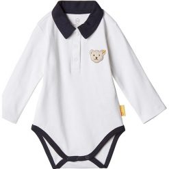 Body w kolorze biało-czarnym. Czarne body niemowlęce Steiff, z aplikacjami, z bawełny. W wyprzedaży za 59,95 zł.