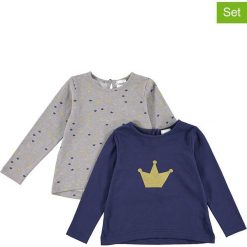 Koszulki (2 szt.) w kolorze szaro-granatowym. Niebieskie bluzki dziewczęce bawełniane Lamino Fashion, z nadrukiem, z dekoltem na plecach, z długim rękawem. W wyprzedaży za 45,95 zł.
