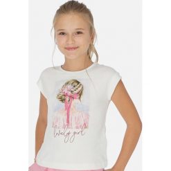 Mayoral - T-shirt dziecięcy 128-167 cm. Białe bluzki dziewczęce Mayoral, z nadrukiem, z dzianiny, z okrągłym kołnierzem, krótkie. Za 87,90 zł.