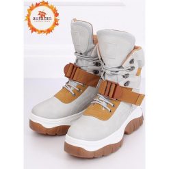 Buty traperki szare HE117P GREY. Szare botki damskie obuwie damskie, na zimę, ze skóry, bez obcasa, na sznurówki. Za 149,18 zł.