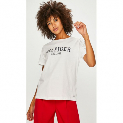 Tommy Hilfiger - Top. Szare topy damskie TOMMY HILFIGER, l, z nadrukiem, z bawełny, z okrągłym kołnierzem. Za 129,90 zł.